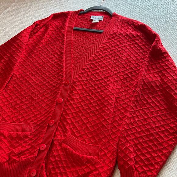 VTG BellePointe  Cardigan Sweater Womens M Cotton Textured Christmas Red Pockets - Picture 3 of 10